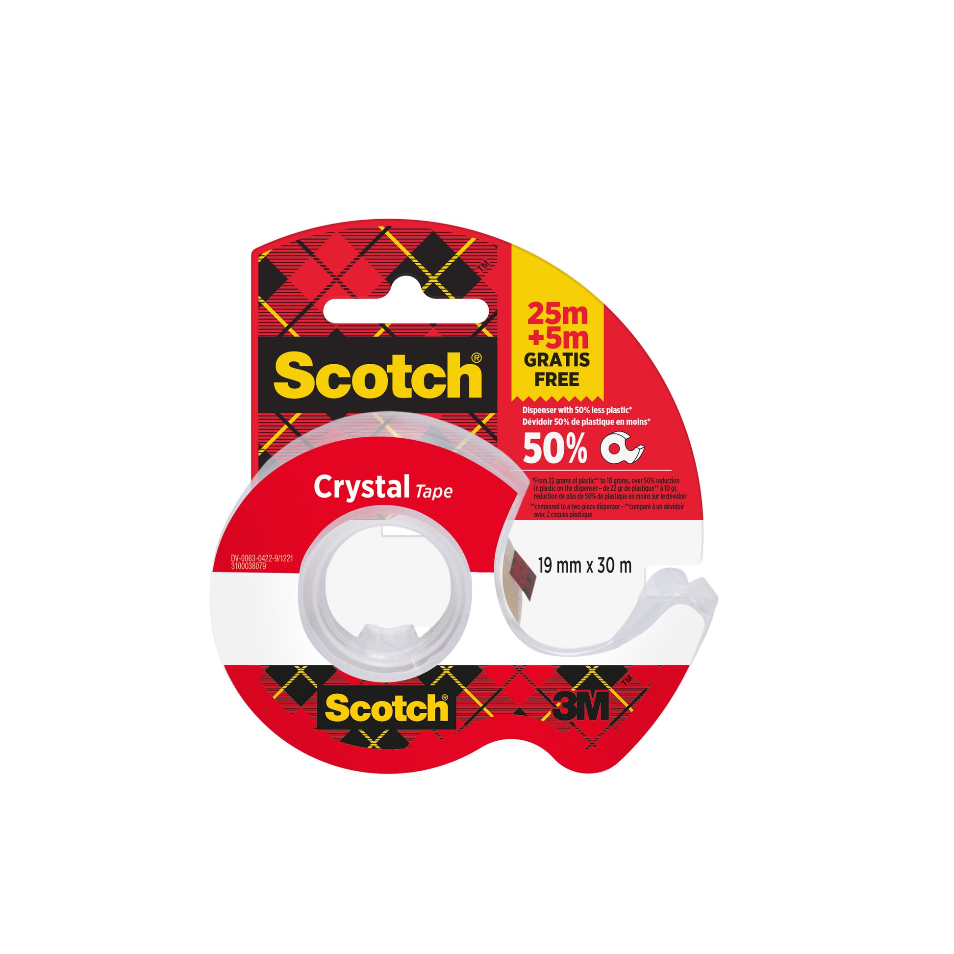 Eine Rolle 3M Scotch® Crystal Klebeband (19mm x 25m) wird in einem Handabroller geliefert, pro Packung gibt es zusätzlich 5m gratis. Das transparente Klebeband ist in einer rot-gelben Markenverpackung der 3M Deutschland GmbH verpackt.