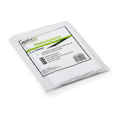 Die Nölle Profi Brush Abdeckplane Universal 4 m von Nölle Profi Brush Bürsten- & Pinseltechnik e.K. ist eine gefaltete weiße Kunststofffolie in einer Verpackung mit der Aufschrift "Abdeckplane" - perfekt für die Renovierung oder als unverzichtbares Malerzubehör, mit deutschen Details und Tipps.