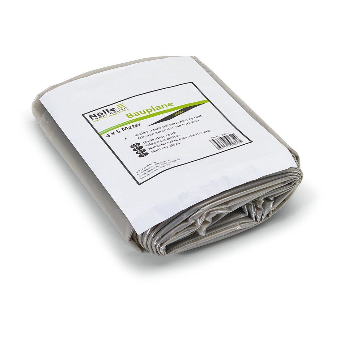 En foldet grå Nölle Profi Brush byggepresenning 4x5 m, 75 my, med en stabil hvid etiket med påskriften "4x5 m" og produktinformationen samt stregkoden fra Nölle Profi Brush Børste- & Penselteknik e.K., på hvid baggrund.