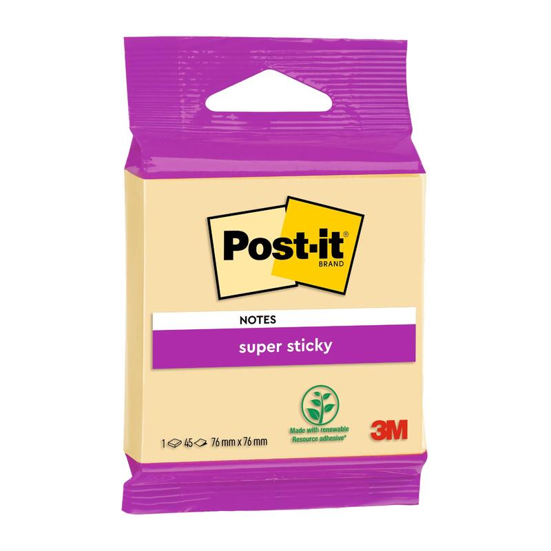 En pakke Post-it® Super Sticky Notes fra 3M Deutschland GmbH, PEFC-certificeret, kommer i en violet emballage med logo og "Super Sticky"-etiket, i formatet 76 mm x 76 mm med 45 ark pr. blok.