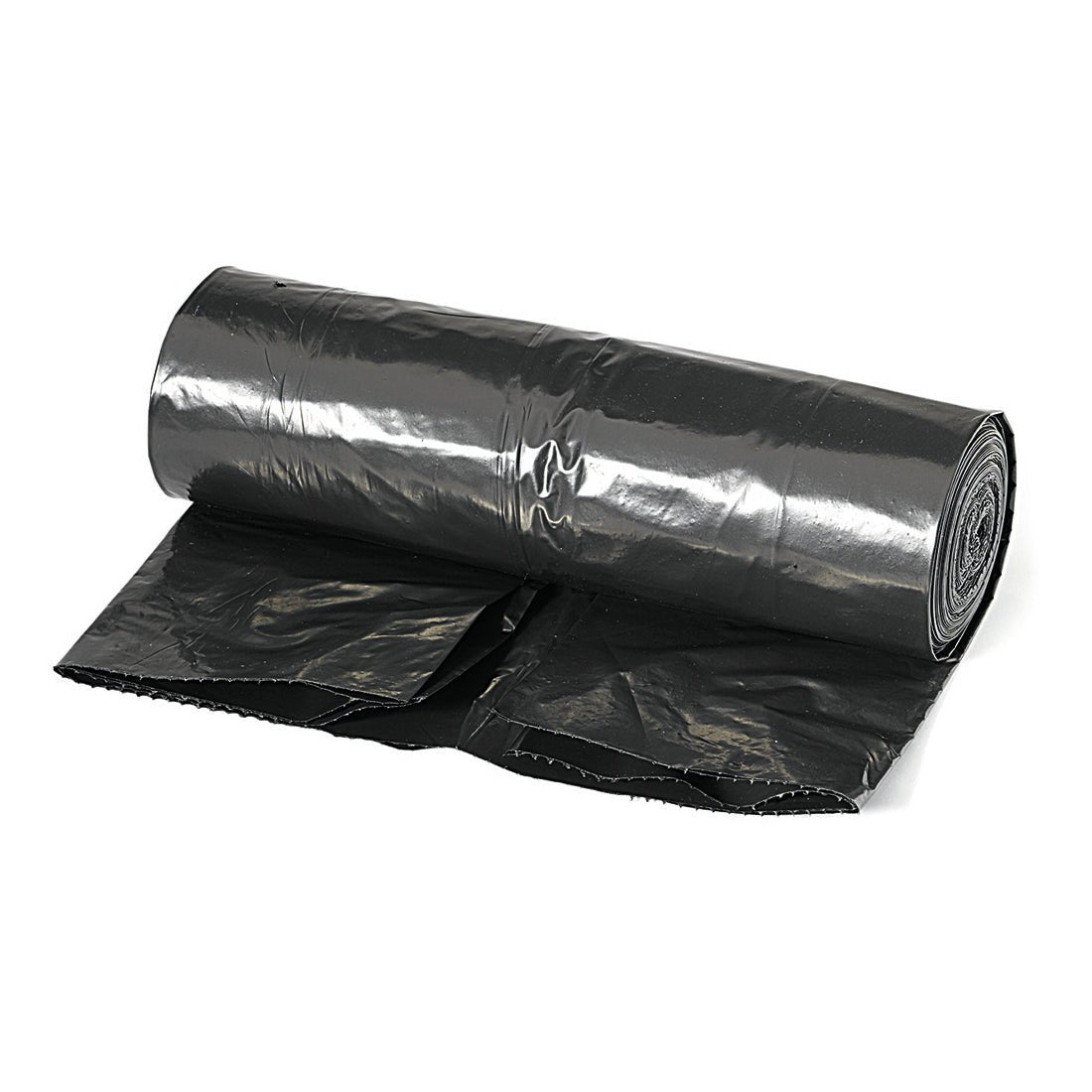 En Jumbo-affaldssæk 240L, 60my, sort fra Nölle Profi Brush Børste- & Penselteknik e.K. er delvist udrullet og viser den skinnende overflade samt perforerede kanter af denne robuste affaldssæk.