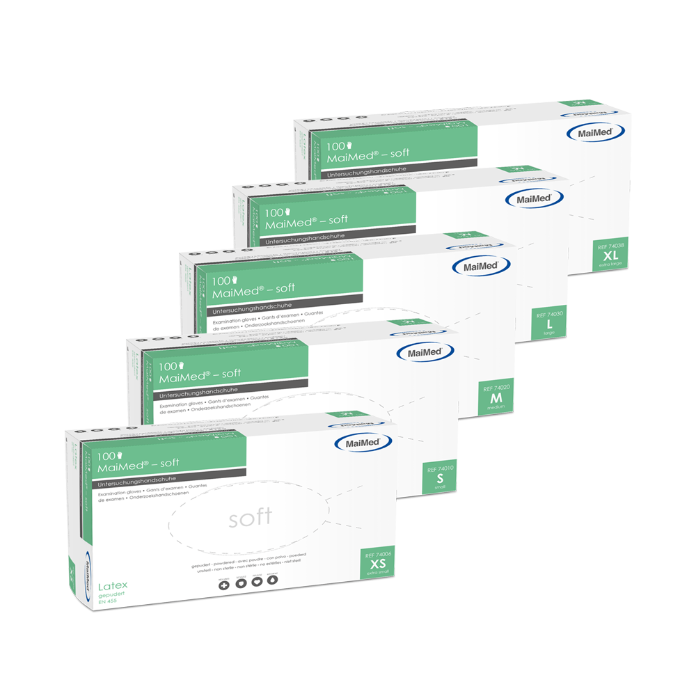 MaiMed-bløde latex undersøgelseshandsker, usterile, pulveriserede, 100 stk./æske