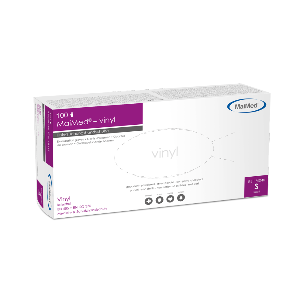MaiMed-vinyl undersøgelseshandsker, usterile, pulveriserede, 100 stk./æske