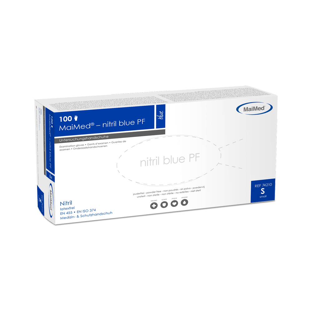 MaiMed-nitril blå PF Blå, ikke-steril, pulver. Latexfri handsker 100 stk./æske