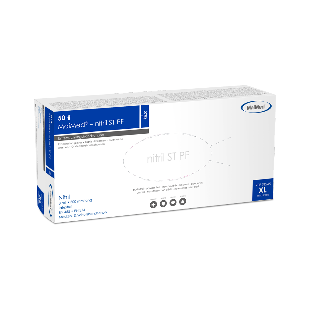 MaiMed-nitrilblå, ikke-sterile beskyttelseshandsker, pudderfri, tykkelse 8mil 50 stk./æske