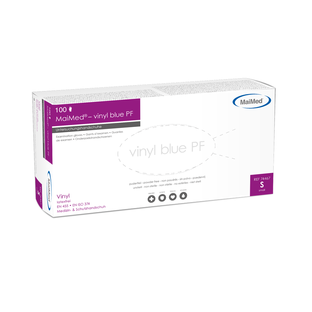 MaiMed-vinylblå PF, ikke-sterile, pudderfri vinylundersøgelseshandsker 100 stk./æske