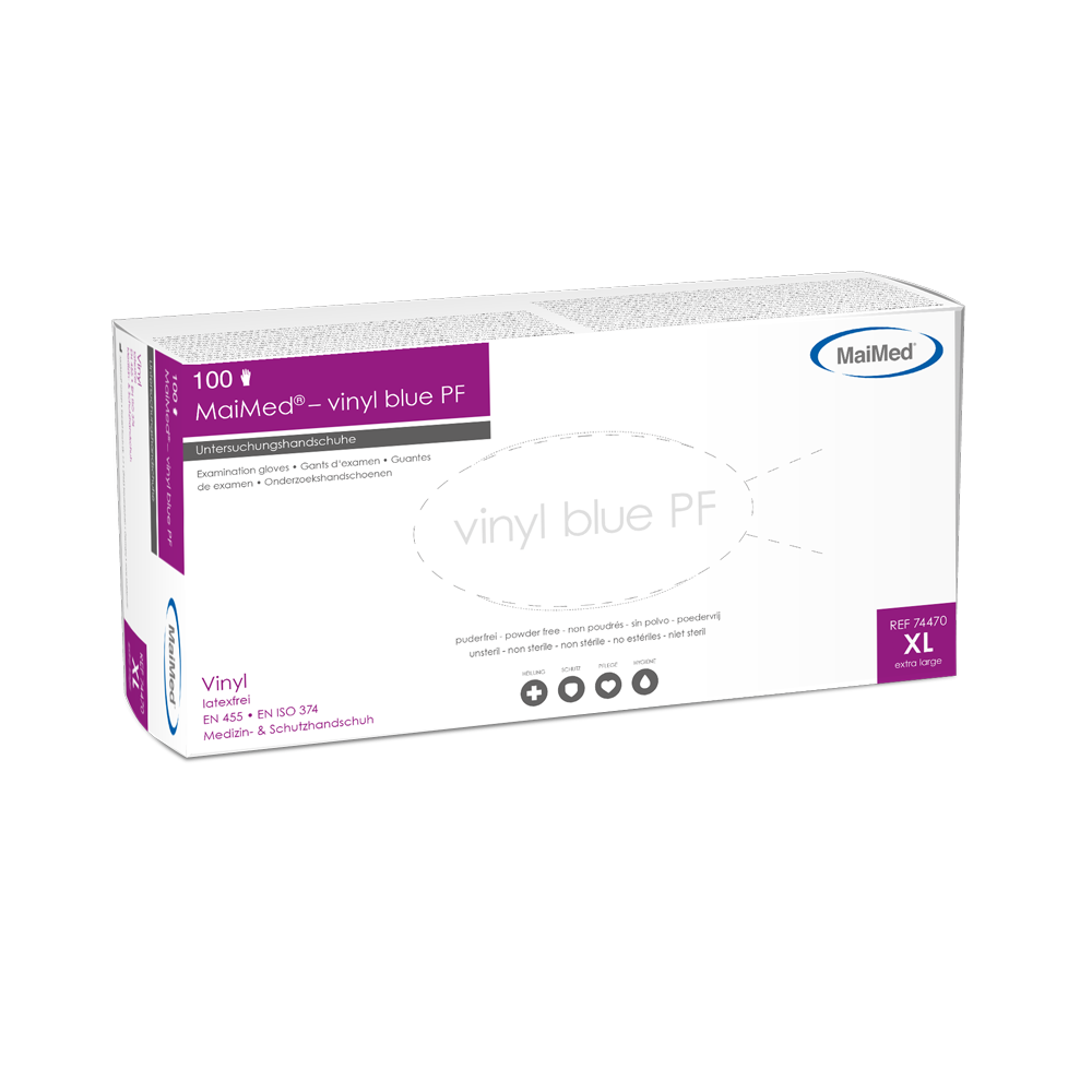 MaiMed-vinylblå PF, ikke-sterile, pudderfri vinylundersøgelseshandsker 100 stk./æske