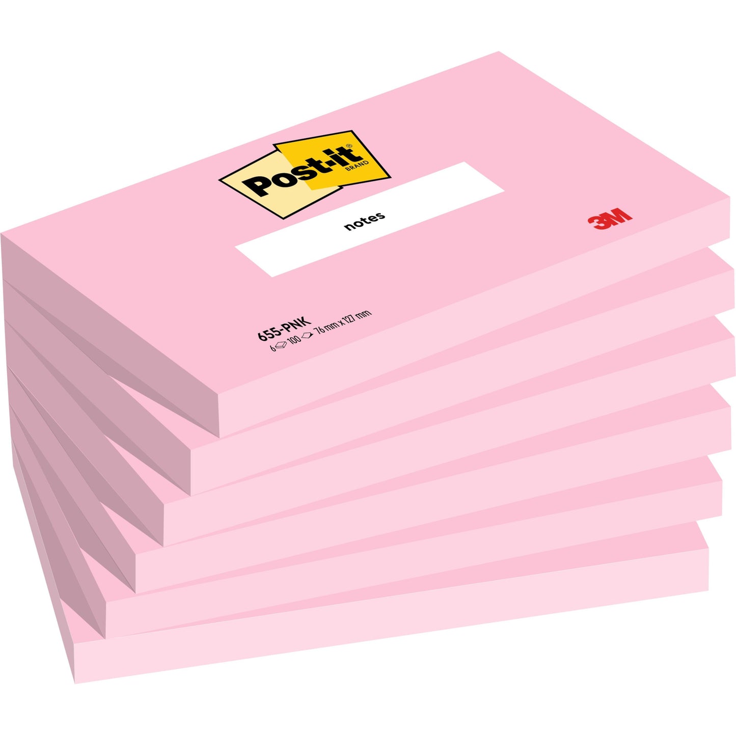 En stak af seks lyserøde Post-it® noter (76 x 127 mm, 100 ark/blok, 100% PEFC) fra 3M Deutschland GmbH, hvor hver blok har "Post-it"-logoet øverst og "3M"-skriften nederst til højre.