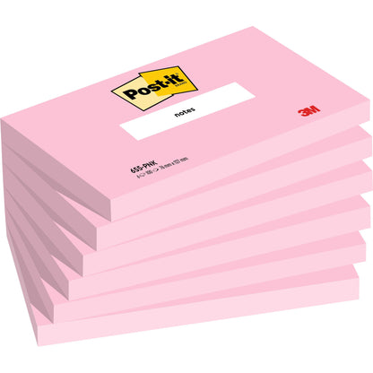 En stak af seks lyserøde Post-it® noter (76 x 127 mm, 100 ark/blok, 100% PEFC) fra 3M Deutschland GmbH, hvor hver blok har "Post-it"-logoet øverst og "3M"-skriften nederst til højre.