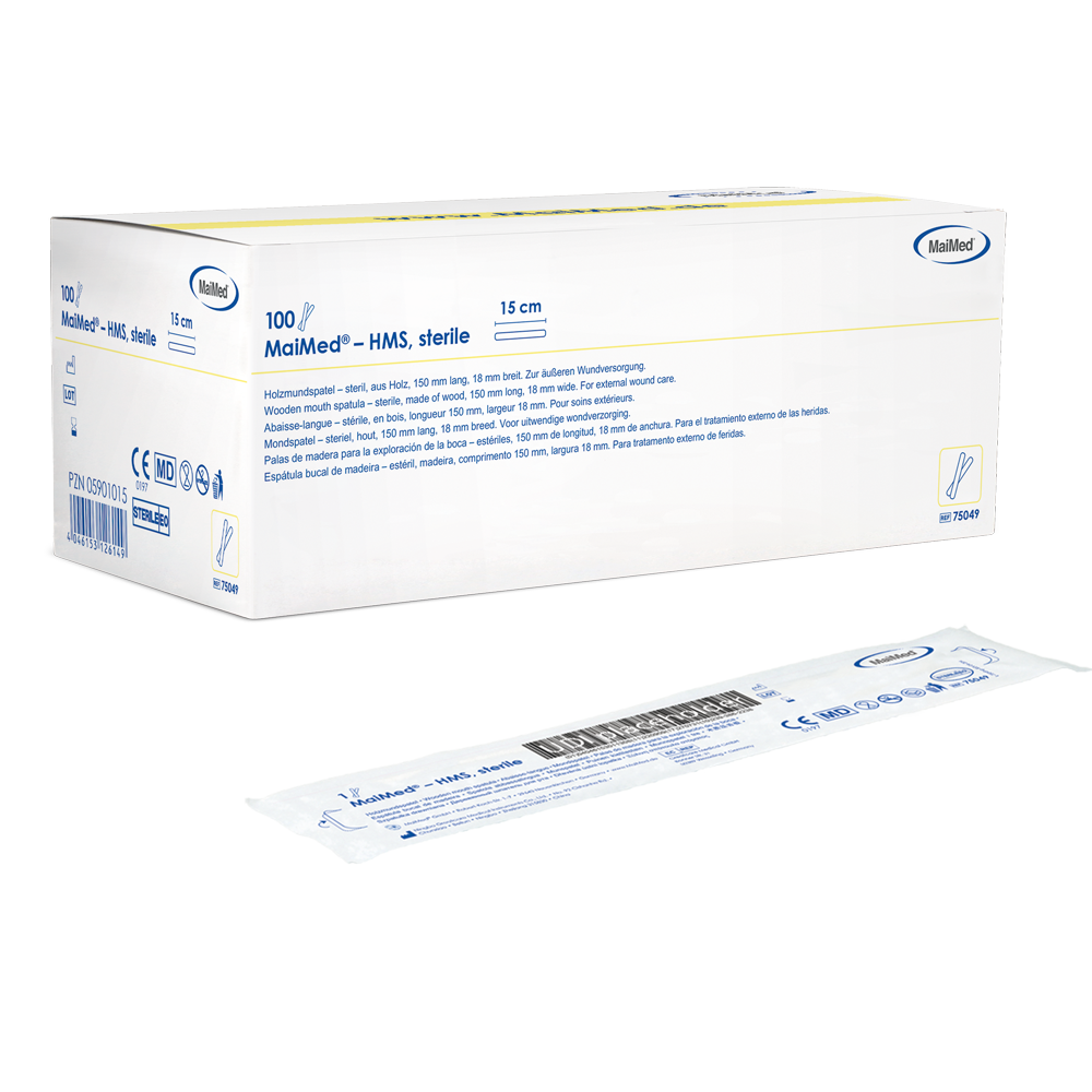 MaiMed - HMS steril træmundspressor, 15cm lang, 100x1 stk. sterilt pakket | Æske (100 stk.)