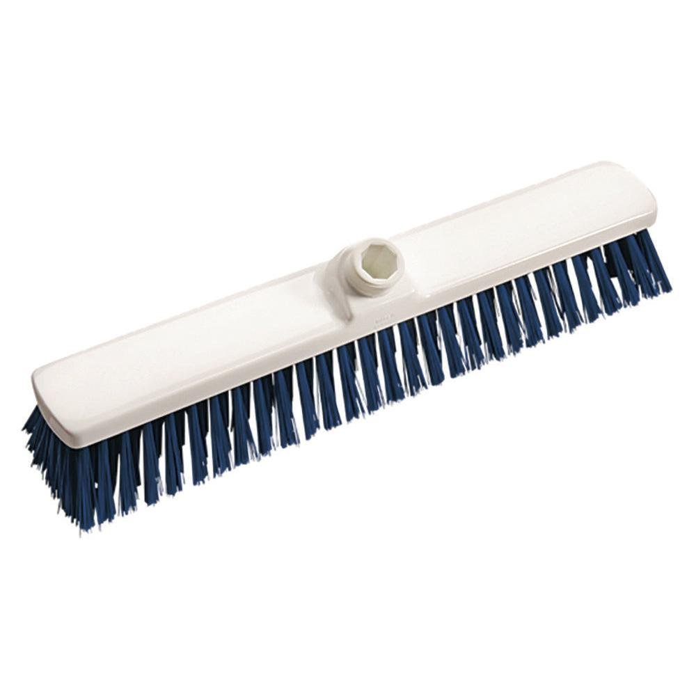 Gårdkosten 400x60x50 mm, mellemhård, fra Diversey Deutschland GmbH & Co. OHG har et hvidt rektangulært hoved med blå mellemhårde børster og et centralt grebshul, ideel til udendørs rengøring, afbildet på en enkel hvid baggrund.