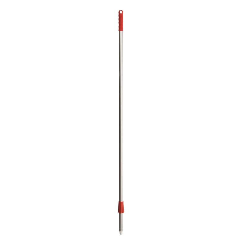 Et stabilt 1450 mm langt aluminiumskaft fra Diversey Deutschland GmbH & Co. OHG med røde plastikhætter i begge ender, ideelt til koste, skurebørster og vandafskrabere, står lodret på en hvid baggrund.
