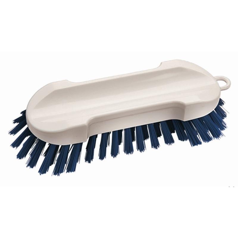 Håndbørsten uden håndtag Hård (190 x 65 x 30 mm) fra Diversey Deutschland GmbH & Co. OHG med mørkeblå, hårde børster og flad plastkrop præsenteres på hvid baggrund. Den har en grebsfordybning og et ophængningshul.
