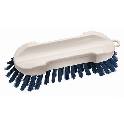 Håndbørsten uden håndtag Hård (190 x 65 x 30 mm) fra Diversey Deutschland GmbH & Co. OHG med mørkeblå, hårde børster og flad plastkrop præsenteres på hvid baggrund. Den har en grebsfordybning og et ophængningshul.