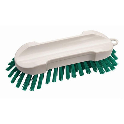 Håndbørsten uden håndtag Hård (190 x 65 x 30 mm) fra Diversey Deutschland GmbH & Co. OHG er et hvidt rengøringsværktøj af plast med hårde børster, et fladt ovalt greb og en løkke til nem ophængning.