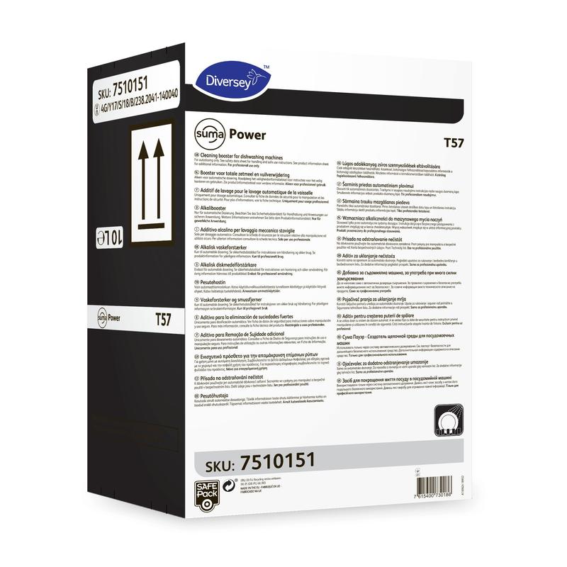 En hvid æske Suma Power T57 alkalibooster til maskinelle opvaskesystemer fra Diversey Deutschland GmbH & Co. OHG, med flersproget vejledning, sort sidepanel og SKU 7510151 på to etiketter.