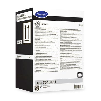 En hvid æske Suma Power T57 alkalibooster til maskinelle opvaskesystemer fra Diversey Deutschland GmbH & Co. OHG, med flersproget vejledning, sort sidepanel og SKU 7510151 på to etiketter.