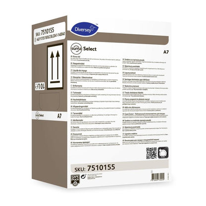 En rektangulær kasse med inskriptionen 'Suma Select A7 – Neutral Klarspuler' fra Diversey Deutschland GmbH & Co. OHG med produktdetaljer, brugsanvisninger, sikkerhedssymboler, stregkode, flersprogede oplysninger og SKU 7510155.