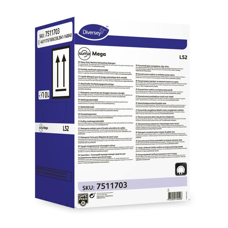 Diversey Deutschland Suma Mega L52 opvaskemiddel til blødt vand leveres i en rektangulær kasse med produktinformationer, brugsanvisninger og sikkerhedssymboler på for- og sidevæggen.