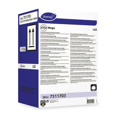 Diversey Deutschland Suma Mega L52 opvaskemiddel til blødt vand leveres i en rektangulær kasse med produktinformationer, brugsanvisninger og sikkerhedssymboler på for- og sidevæggen.