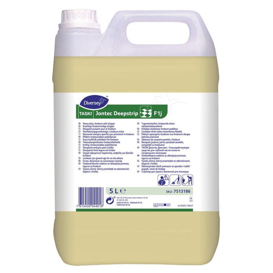 Ein 5-Liter-Kanister Diversey TASKI Jontec Deepstrip, ein leistungsstarker lösemittelhaltiger Reiniger für Linoleumböden, von Diversey Deutschland GmbH & Co. OHG, mit Griff und Schraubverschluss, weiß-grünes Etikett in verschiedenen Sprachen.