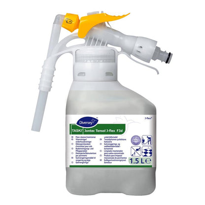 En 1,5-liters beholder af hvid plast med TASKI Jontec Tensol højkoncentrat-rengøringsmiddel fra Diversey Deutschland GmbH & Co. OHG, med en gul spraydyse og en etiket med produktdetaljer og brugsanvisninger.