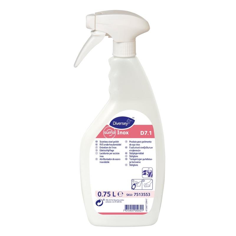 En hvid 750 ml sprayflaske Diversey Suma Inox D7.1 rustfrit stålplejeemulsion fra Diversey Deutschland GmbH & Co. OHG, med hvid spraydyse og en lyserød-blå etiket med flersproget rengøringsvejledning til rustfrit stål.