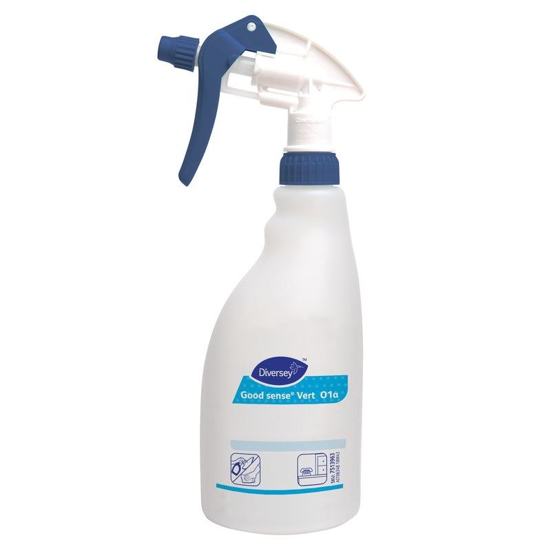 En hvid plast triggersprayflaske (0,5L) med en blå sprøjte fra Diversey Deutschland GmbH & Co. OHG, med teksten "Good Sense Vert" og en illustreret rengøringsvejledning i bunden. Sælges som karton (5 flasker).