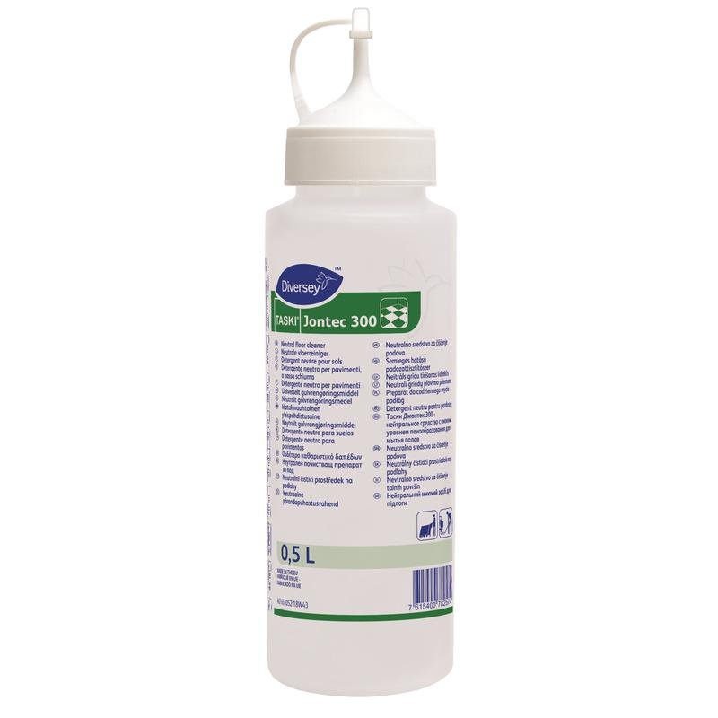 En 0,5-liters doseringsflaske Jontec 300 af hvid plast fra Diversey Deutschland GmbH & Co. OHG med ergonomisk design, spids doseringshætte og flersproget produktinformation på forsiden.