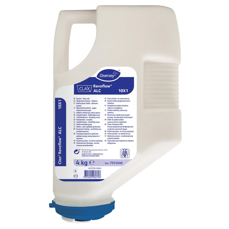 En 4 kg patron af hvid plast med Diversey Clax Revoflow ALC 10X1, en højkoncentreret, fosfatfri alkalibooster til Diversey Tysklands Revoflow-system GmbH & Co. OHG, udviklet til professionelle vaskeriapplikationer.