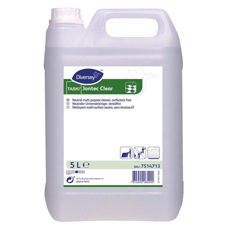 Ein 5-Liter-Kunststoffbehälter mit TASKI Jontec Clear Reiniger für Hartbeläge von Diversey Deutschland GmbH & Co. OHG, pH-neutral. Der durchscheinende Behälter verfügt über einen weißen Deckel, einen weißen Tragegriff und ein blau-grün-weißes Etikett.
