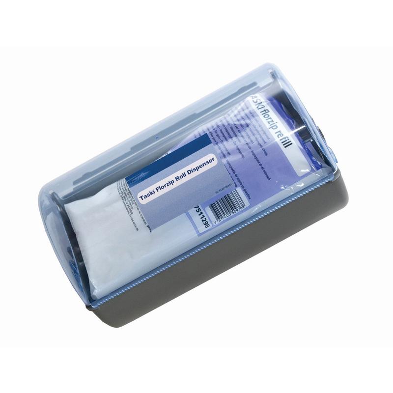TASKI Florzip-dispenseren 65 fra Diversey Deutschland GmbH & Co. OHG er en vægmonteret plastikdispenser med gennemsigtigt låg og grå bund, der leveres med 150 hvide, olieimprægnerede klude (65 x 25 cm) til rengøring.
