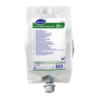 En 1,5-liters plastikpose TASKI Jontec Forward gulvrengøringsmiddel højkoncentrat fra Diversey Deutschland GmbH & Co. OHG med tud i bunden og hvid etiket med produktdetaljer og brugsanvisninger for mere komfort.