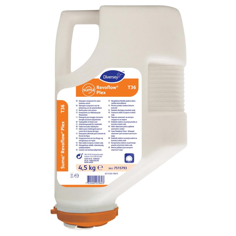 En 4,5 kg hvid Suma Revoflow Plex T36 vandhårdhedsbindepatron fra Diversey Deutschland GmbH & Co. OHG, med orange etiket og låg, viser produktinformation og branding lodret på forsiden.