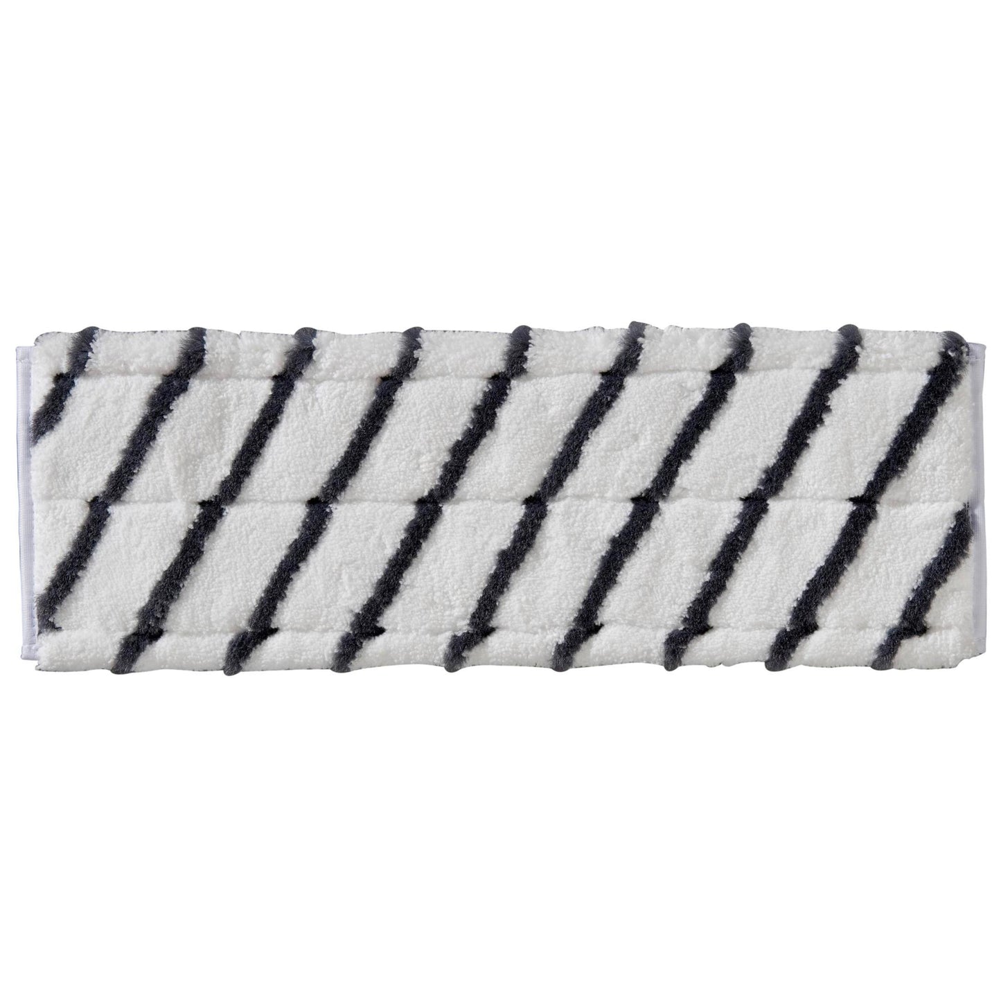 TASKI MicroEasy Scouring Mop fra Diversey Deutschland GmbH & Co. OHG er en rektangulær hvid pude med diagonale sorte striber, ideel til fliserensning og fjernelse af stærkt fastsiddende snavs. Karton med 5 pakker.