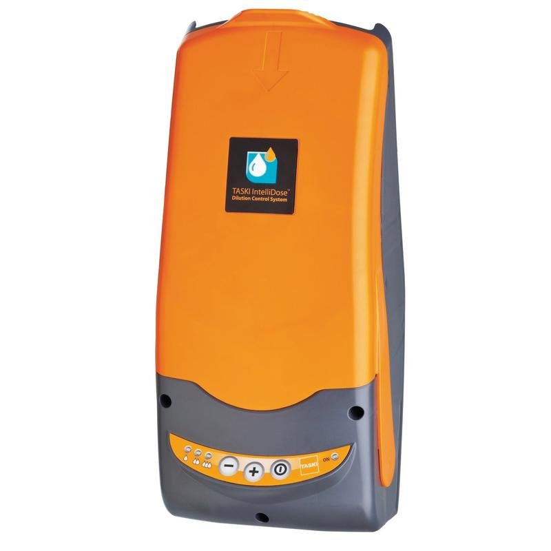 En orange-grå vægdispenser med betegnelsen "TASKI IntelliDose swingo XP" fra Diversey Deutschland GmbH & Co. OHG, designet til præcis dosering af rengøringsmidler i ride-on gulvvaskemaskiner, har knapper og displaysymboler på den nederste frontplade.
