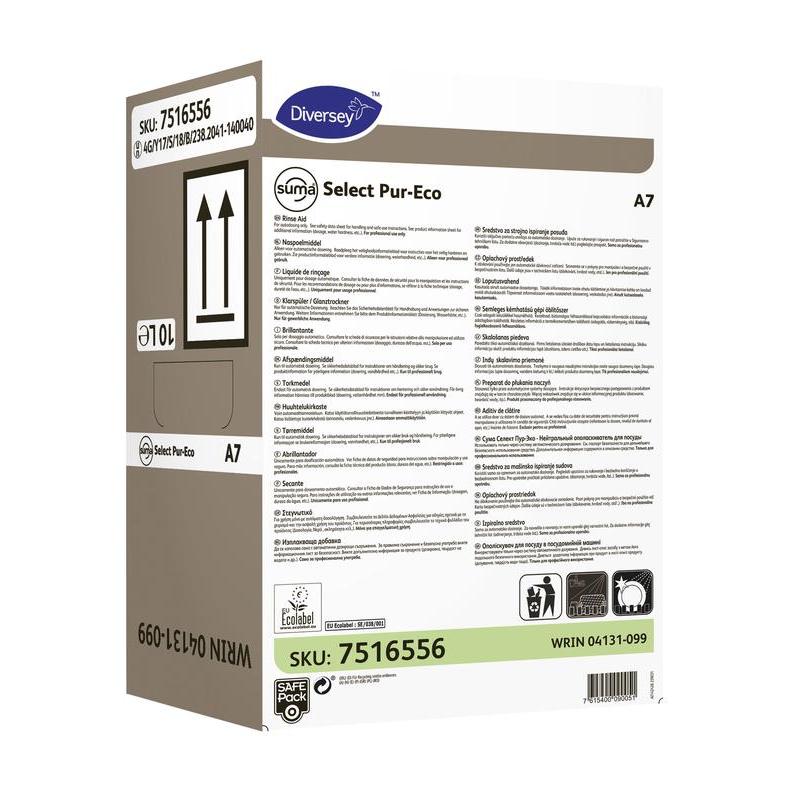 En kasse med Suma Select Pur-Eco A7 skyllemiddel fra Diversey Deutschland GmbH & Co. OHG har produktinformationer, instruktioner, stregkode, genbrugssymbol og en 10-liters volumenindikator på emballagen til effektiv rengøring.