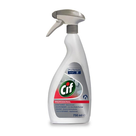 En 750 ml hvid sprøjteflaske med Cif Professional badeværelsesrengøringsmiddel fra Diversey Deutschland GmbH & Co. OHG, med grå dyse og etiket, med 2-i-1-funktion til rengøring og afkalkning for effektiv fjernelse af kalk og rengøring af badeværelset.