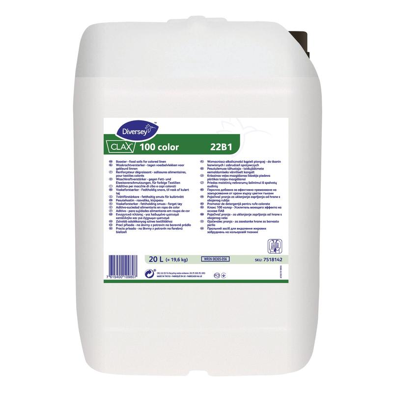 En hvid 20-liters plastbeholder med Clax 100 farve 22B1 vaskeeffektforstærker fra Diversey Deutschland GmbH & Co. OHG, med produktdetaljer, brandlogo og brugsanvisninger på den forreste etiket.