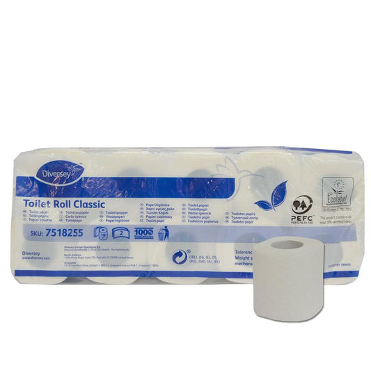 10er-Pack "Toilettenpapier Classic" von Diversey Deutschland, weißes 2-lagiges Zellstoff, 16,8m pro Rolle, 160 Blatt/Rolle (Ø98mm), umweltzertifiziert; Verpackung mit Produktangaben, Öko-Label und blau-weißem Design.
