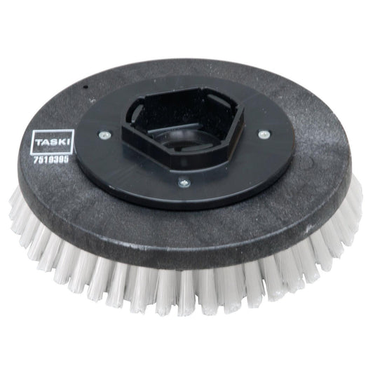 En rund, sort skurebørste af nylon (28 cm) fra Diversey Deutschland GmbH & Co. OHG, med stive hvide børstehår, der passer til swingo 955/1255/2100/5000 til grundig rengøring – standard skurebørste, 1 stk. pr. pakke.
