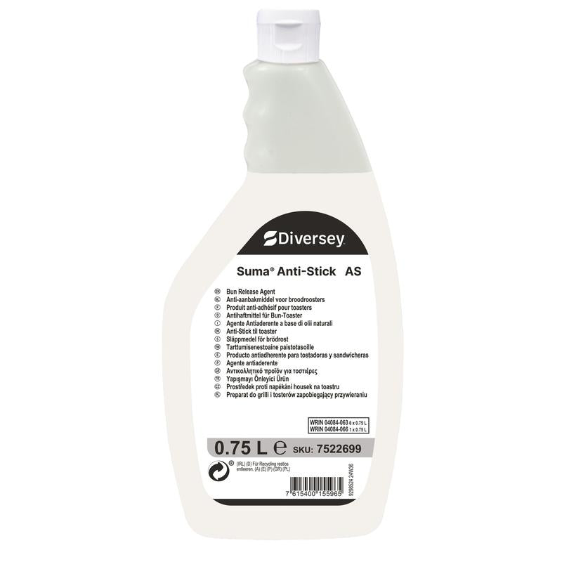 En 750 ml flaske Suma Anti-Stick AS slipmiddel til bolletoaster fra Diversey Deutschland GmbH & Co. OHG, med hvid etiket, ergonomisk greb og flersproget vejledning - perfekt til professionel rengøring af køkkentoastere.