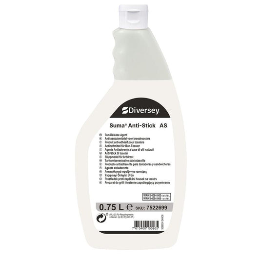 Eine 750 ml Flasche Suma Anti-Stick AS Antihaftmittel für Bun-Toaster von Diversey Deutschland GmbH & Co. OHG, mit weißem Etikett, ergonomischem Griff und mehrsprachiger Anleitung - perfekt für die professionelle Reinigung von Küchentoastern.