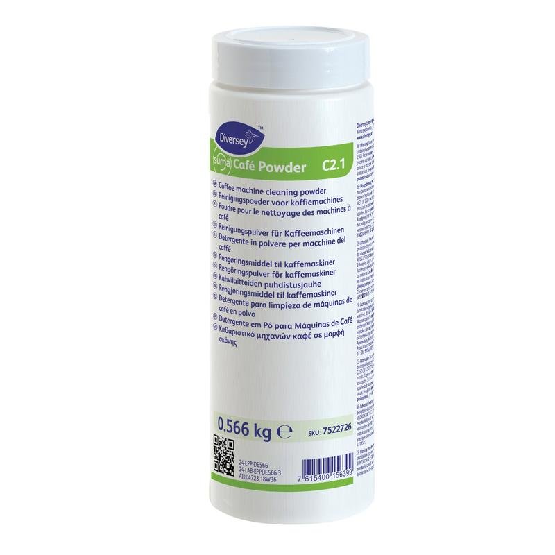 En hvid cylindrisk beholder med teksten "Suma Café Powder C2.1, rengøringspulver til kaffemaskiner" (566 g) fra Diversey Deutschland GmbH & Co. OHG med tydeligt synlige flersprogede produktoplysninger på etiketten.