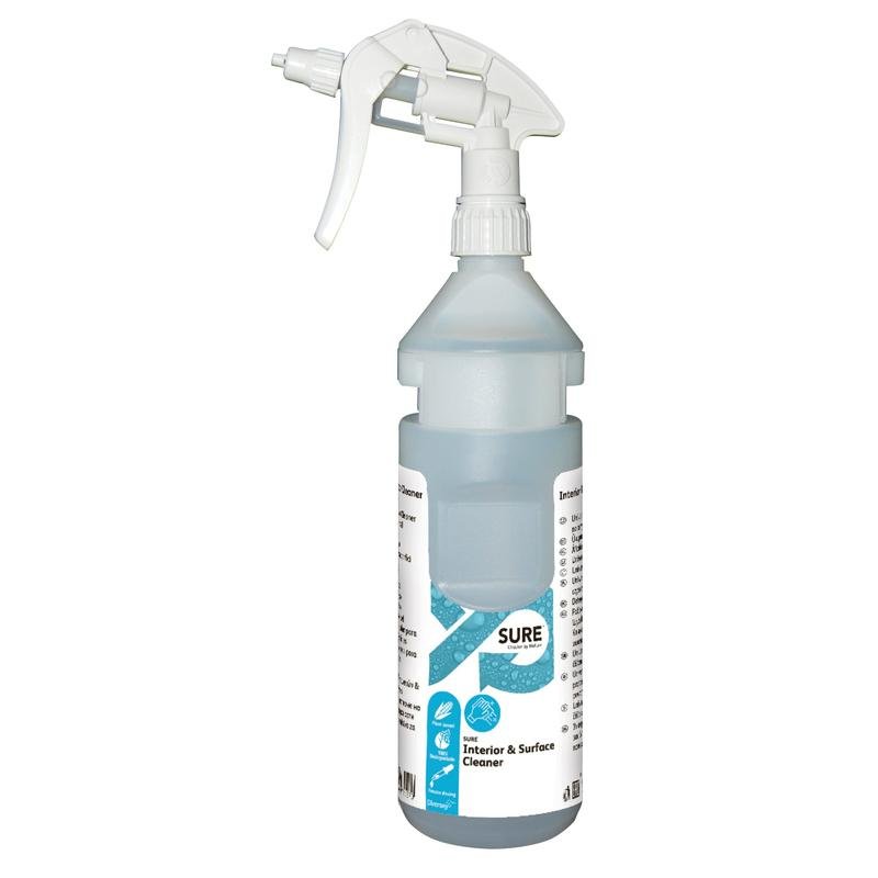 Et 0,75l Diversey flaskesæt SURE Int. & Surface Cleaner refillflaske med dispenserbånd, der passer til Divermite og DQFM, står oprejst med hvid sprøjtehoved og blåt indhold foran hvid baggrund.