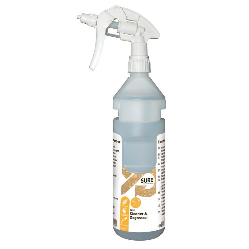 En gennemsigtig 0,75 l genopfyldningsflaske med »SURE Cleaner & Degreaser« fra Diversey Deutschland GmbH & Co. OHG, inkl. dispenserbånd, egnet til Divermite og DQFM; indeholder biologisk nedbrydeligt, miljøvenligt rengøringsmiddel.