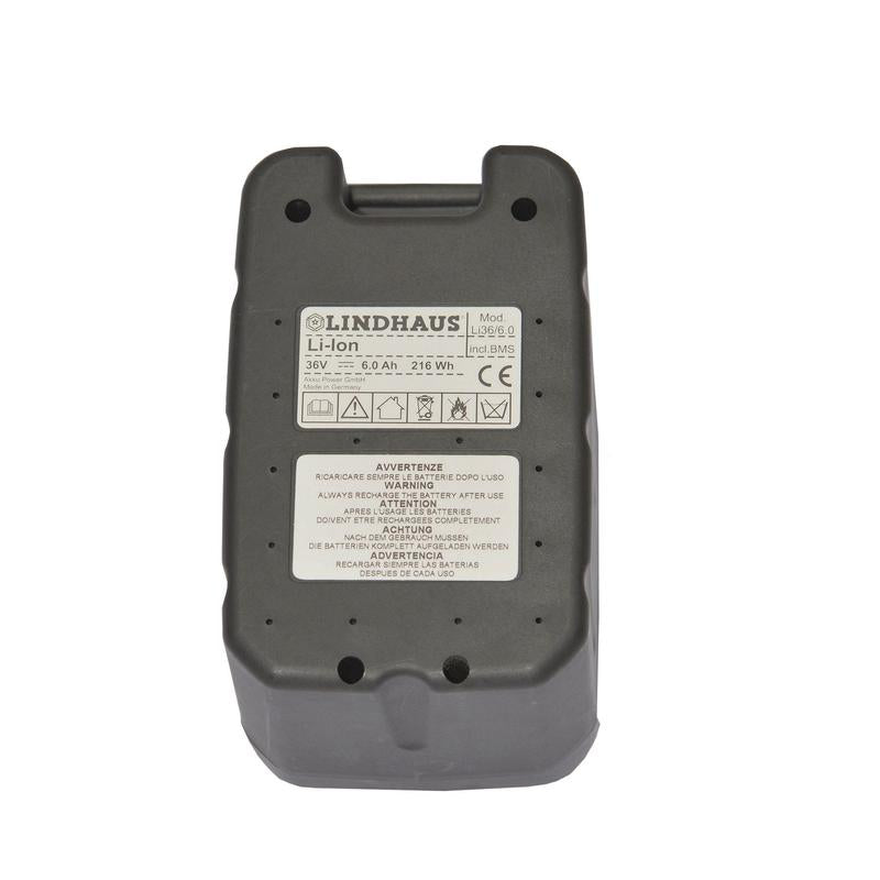 Et rektangulært gråt TASKI lithiumbatteri 36V 6Ah fra Diversey Deutschland GmbH & Co. OHG, passende til TASKI Aero BP Lithium og TASKI swingo 150 B, med tekniske data og certificeringssymboler på hvid baggrund.