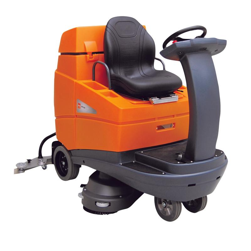 TASKI swingo 5000 Li-Ion fra Diversey er en kompakt, økonomisk gulvvaskemaskine med IntelliFlow-system og 200Ah batteri; en opbevaringsplads til opladeren er placeret direkte på maskinen.