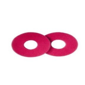 To runde, røde gulvpuder på 225 mm fra Diversey Deutschland GmbH & Co. OHG, afbildet side om side - ideelle til professionel rengøring og passer til TASKI swingo 250µicro. Pakke: 5 stykker i en kasse (5 pakker).