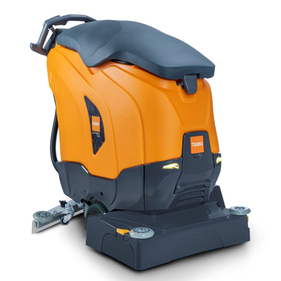 Den TASKI ULTIMAXX 1900 RB55 Performance BMS 13A fra Diversey Deutschland GmbH & Co. OHG er en orange-grå gulvvaskemaskine af næste generation med hjuldrift, 42L tank, 55cm dobbeltrulle, hjul, greb og øverste betjeningspanel til kommerciel brug.